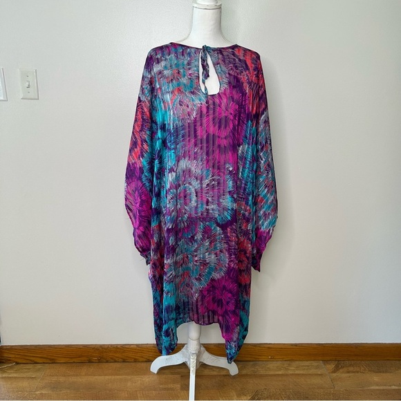 K-DASH by Kardashian Womens 2X Tie Caftan Pink Blue Stripe Kimono Sleeve - Picture 2 of 8